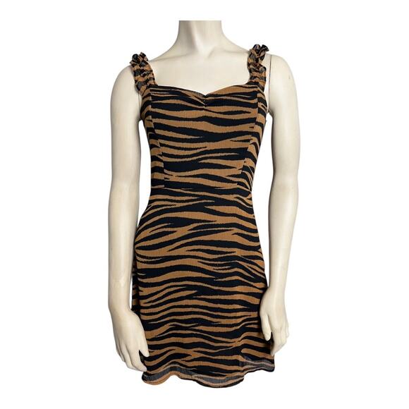 All in Favor Ruffle Straps Tiger Print Mini Dress Brown/Black Women's XS Party - Picture 1 of 9